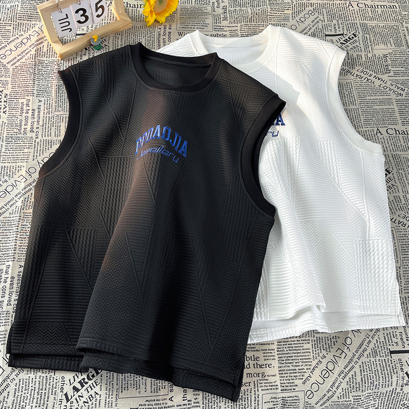 Roupas masculinas sem mangas colete de fundo para meninos no verão marca da moda bordado para adolescentes solto tamanho grande casual colete camiseta_voghion.com