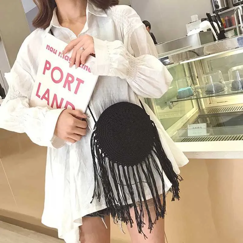 Handmade Cotton Woven Knitted Crossbody Bag With Tassels Vintage_voghion.com