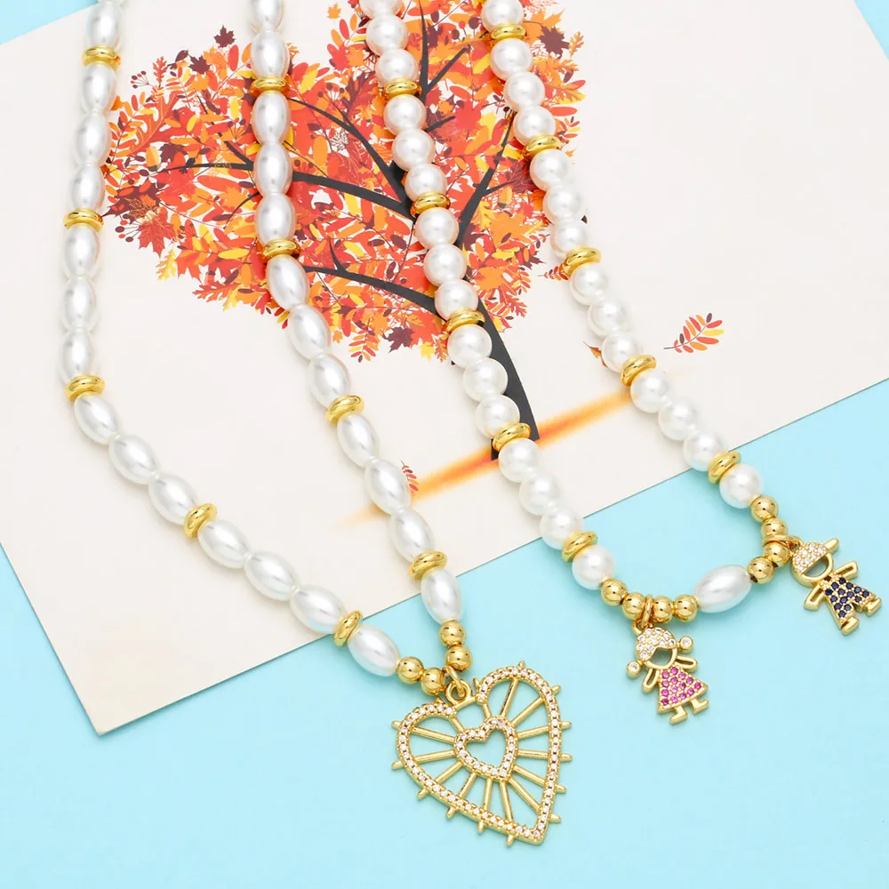 Anhänger Halsketten Flola Statement Weiße Perlenkette für Frauen Kupfer Zirkon Junge Mädchen Herz Vergoldeter Schmuck_voghion.com