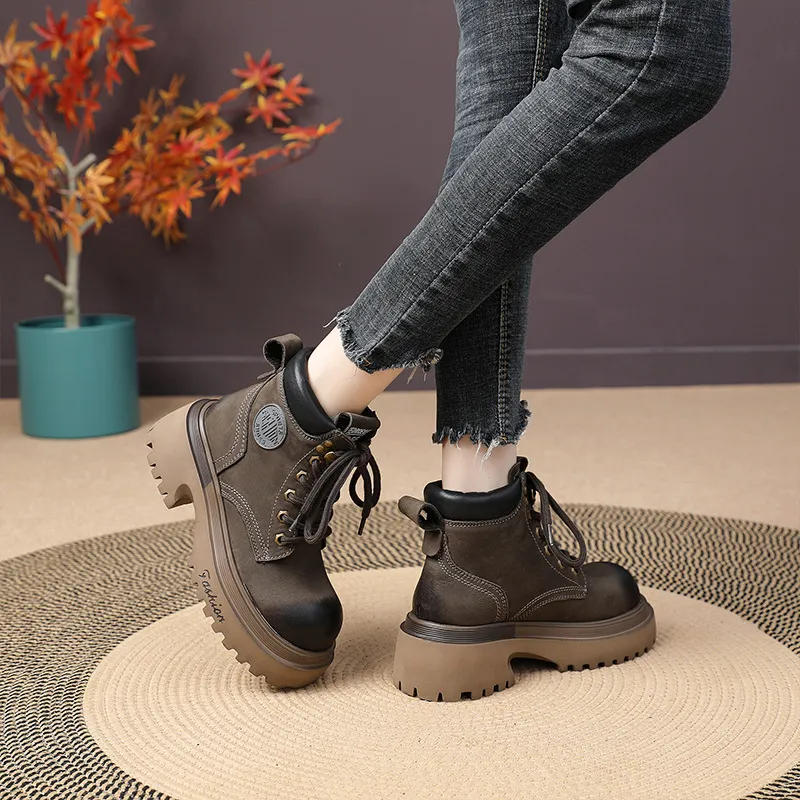 Genuine Leather Motorcycle Boots For Women Round Toe Thick Sole_voghion.com