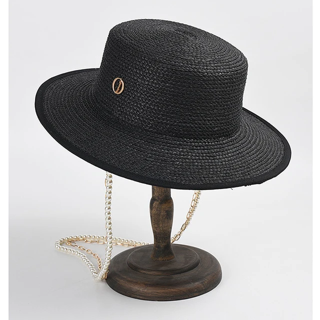 Nieuwe aankomsten Nieuwe brede rand Zomer voor vrouwen Platte bovenkant Parelketting Stro Strandzonbescherming Jazz Kentucky Derby Hoed_voghion.com