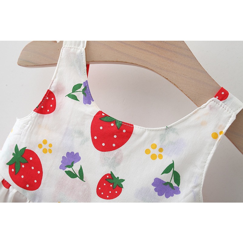 Vestido para niña con estampado de fresas y lazo, ropa de playa para bebé, sombrero incluido_voghion.com