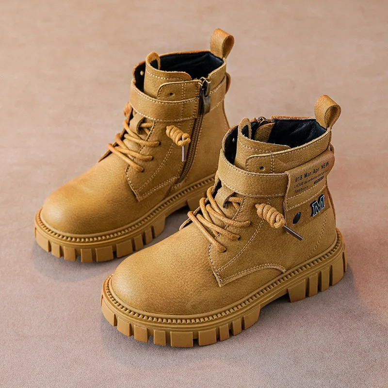 Botas Happysteps de cuero estilo motociclista con correa al tobillo para niños grandes, para montar a caballo, senderismo, otoño e invierno, talla grande_voghion.com