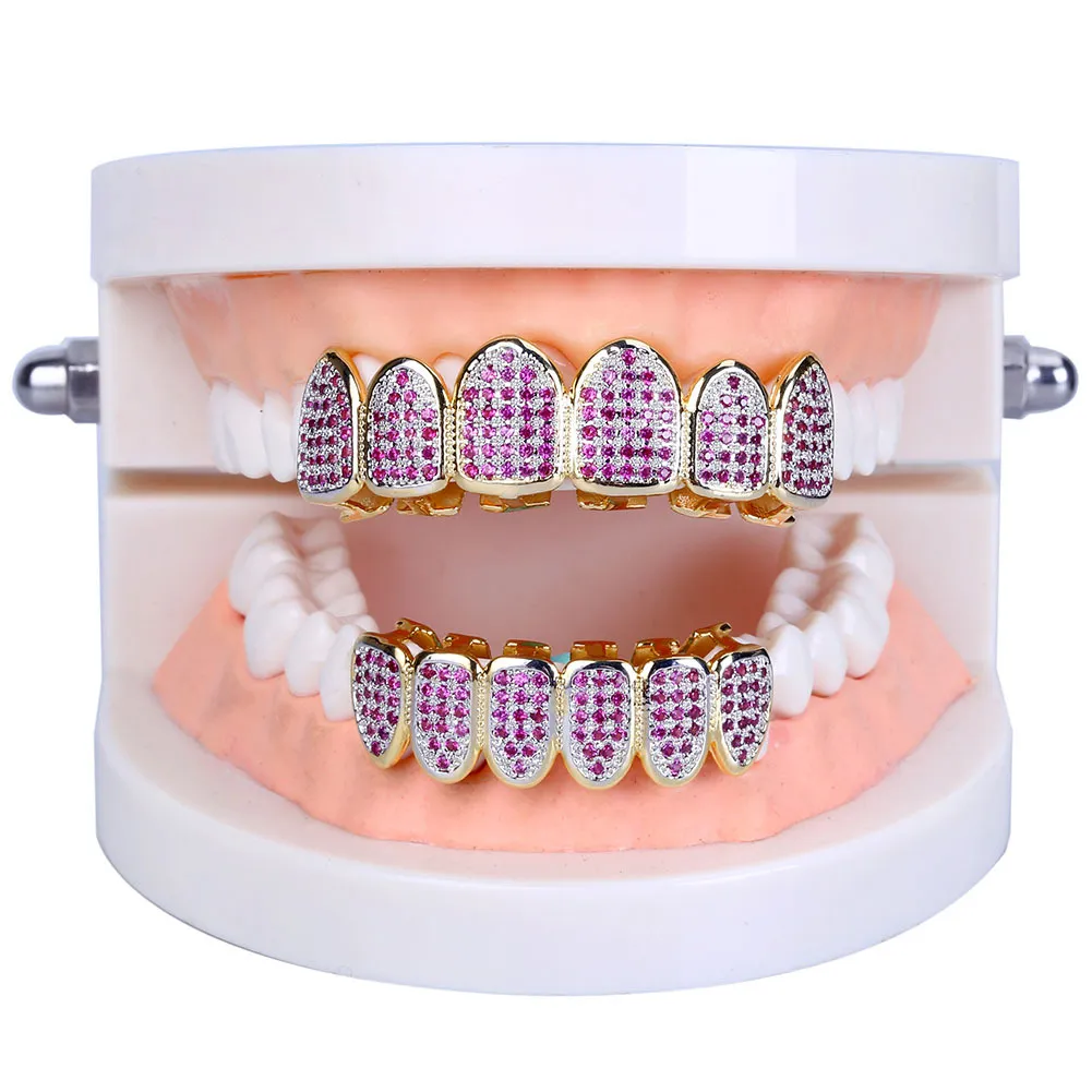 Rose Weißgold Vampir Grillz Iced Out Fang Grills Voller bunter Durchmesser Cosplay Zahnkappe Zahnspange_voghion.com