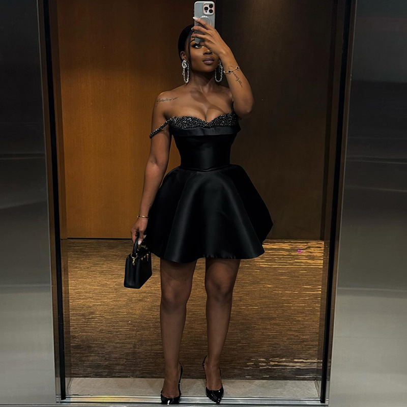 Women’s Black Sequin Trim Dress – Adjustable Strapless Mini Dress, A-Line Silhouette, High Waist (Spring Office To Evening)​