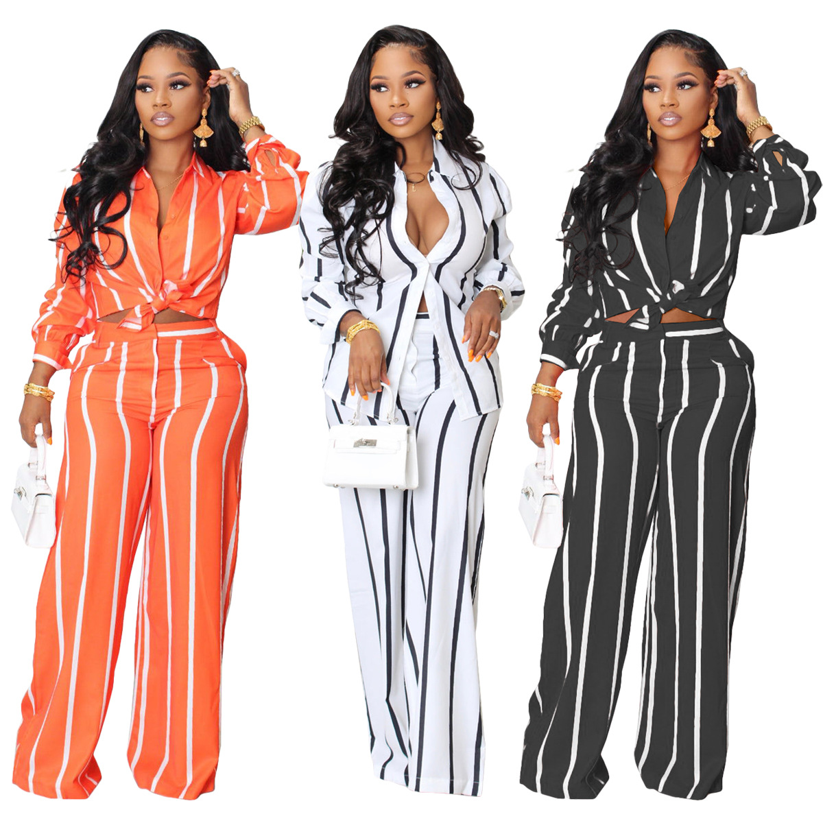 Camicia a maniche lunghe stampata a righe e pantaloni, completo due pezzi_voghion.com