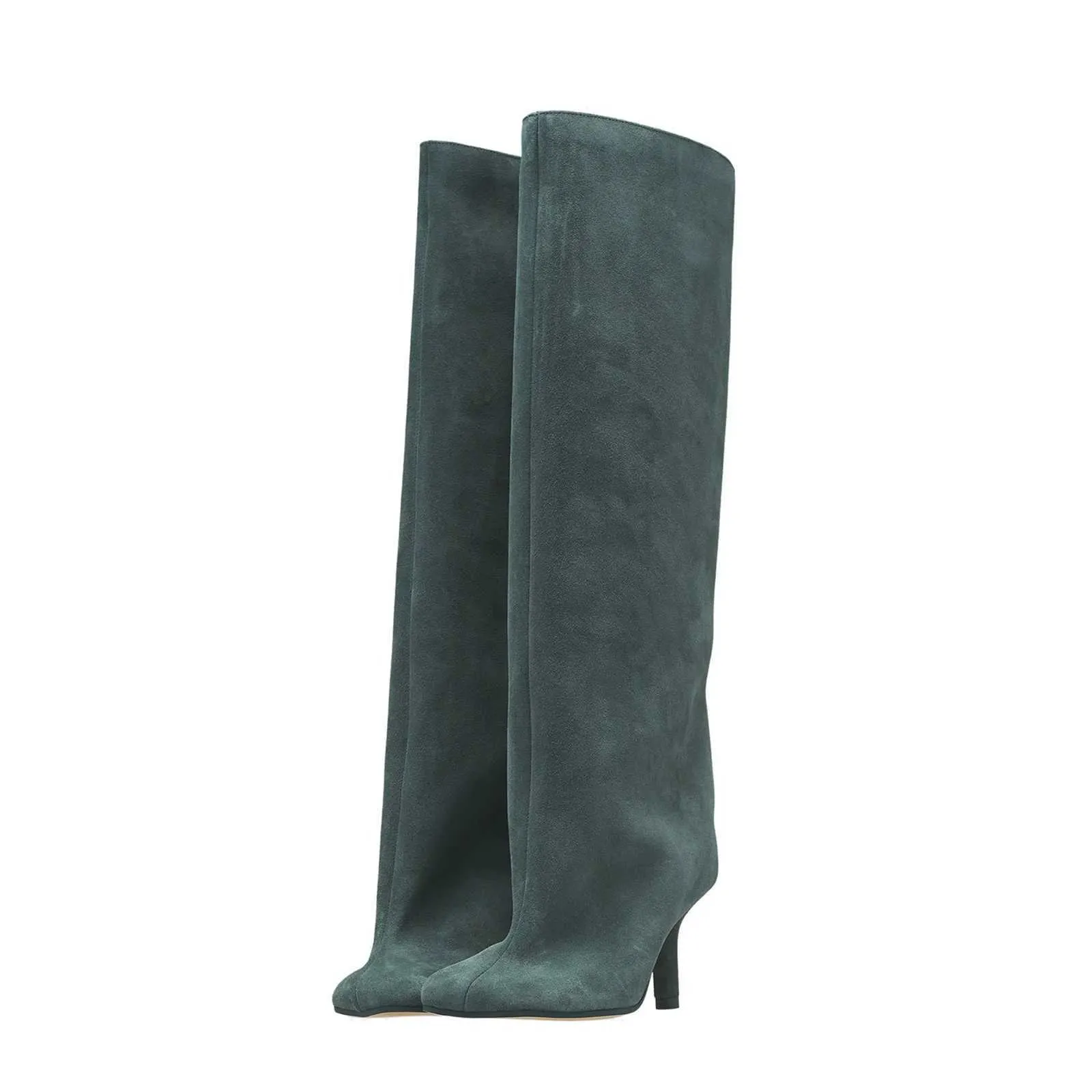 Womens Nude Suede Knee High Square Toe Wide Calnd Foot Pull On Stiletto Heels Fashion Dress Tall Riding Boots Ladies_voghion.com