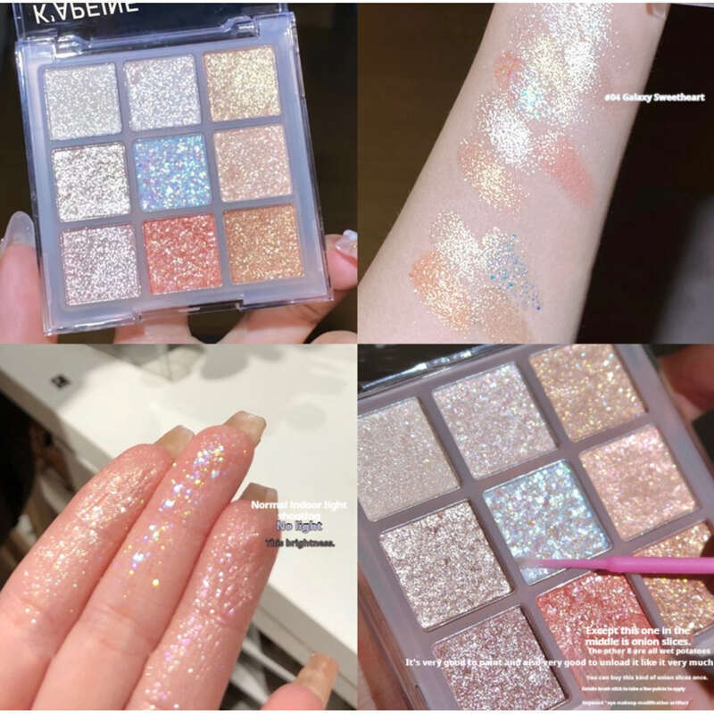 Ni øjenskygger er perlemorsfarvede og krystalklare for et glødende øjenlook._voghion.com