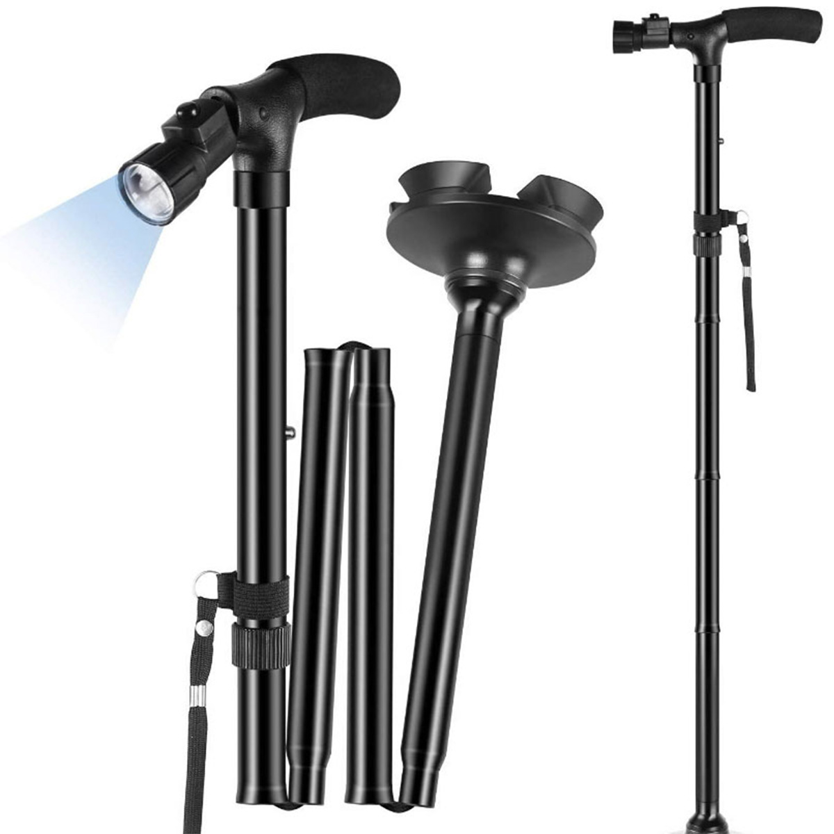 Sammenklappelig stok med LED-lys Sammenklappelig stok Skridsikker aluminiumsstok til handicappede Justerbar bærbar nødlampe_voghion.com