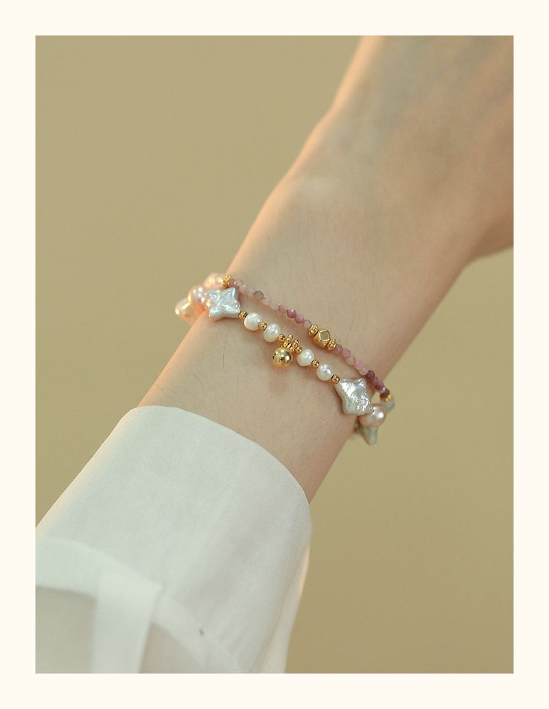 Braccialetto alla moda barocco da donna francese irregolare esotica con perle a doppio strato e fibbia OT in tormalina rosa_voghion.com