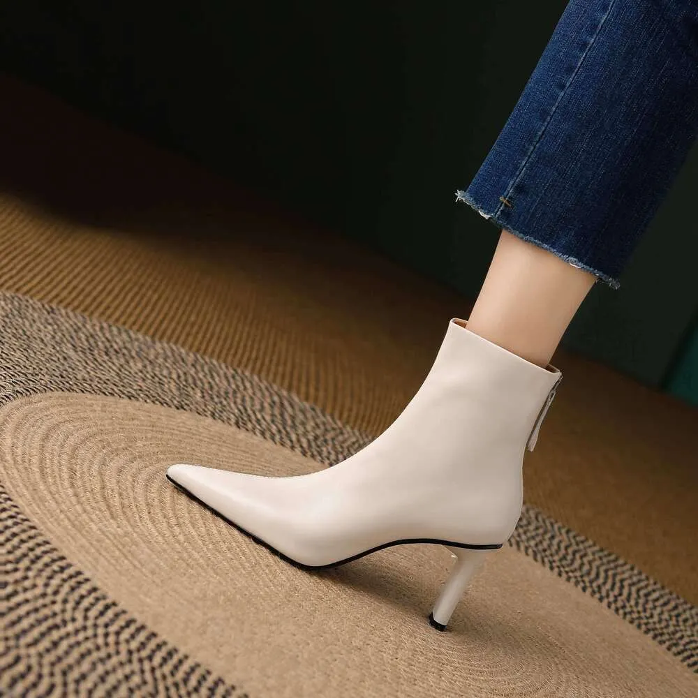Cow Leather Pointed Toe High Heels Zipper Modern Warm Winter Shoes Concise Fashion Solid Elegant Ankle Boots_voghion.com