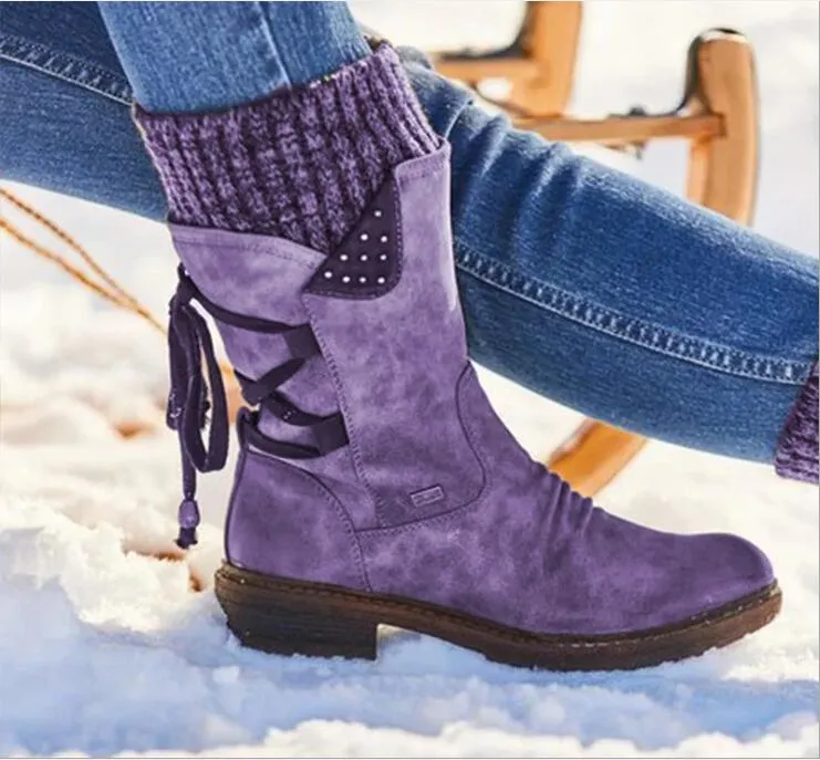 Women Retro Mid-Calf Ladies Fashion Snow Boots Shoes Thigh High Suede Warm Botas Wool knitted socks Martin shoes_voghion.com