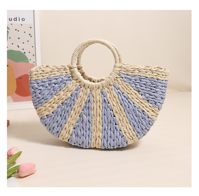 Forest einfache handgehaltene halbrunde Freizeit-Handarbeit aus Stroh gewebt im Urlaubsstil, vielseitige Strandtasche für Damen_voghion.com