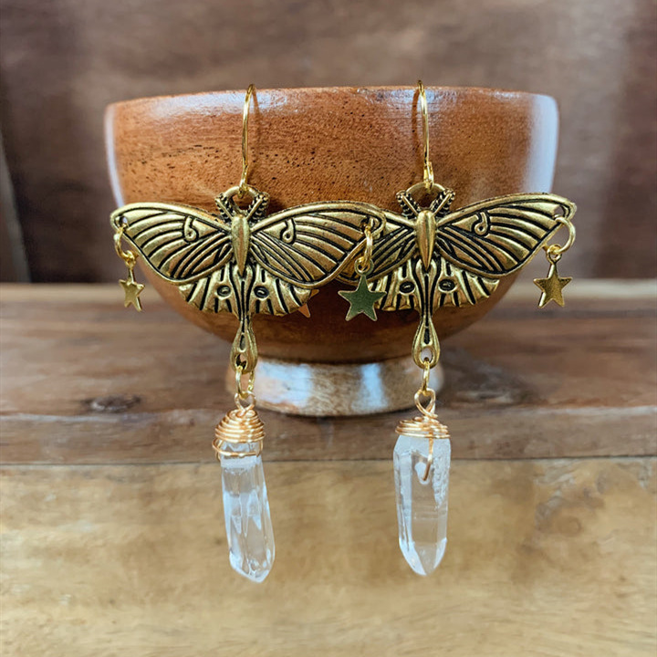 Créoles papillon de nuit dorées et quartz bijoux style fée_voghion.com