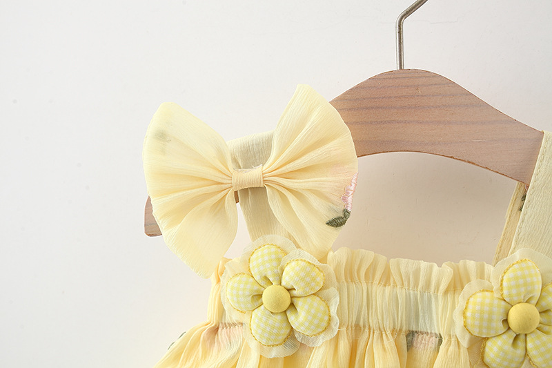 Babymeisje zomer chiffon jurk bloem geborduurd gele jurk Koreaanse stijl kinderkleding_voghion.com
