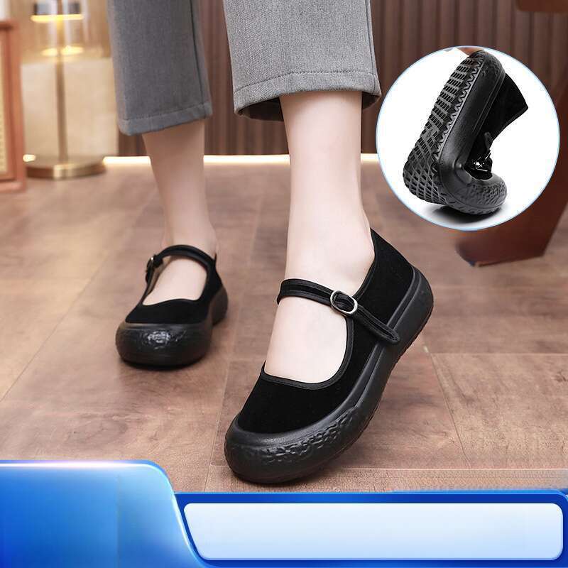 Sapatos de dança cerimonial de hotel com sola grossa feminina, sapatos de mãe, tecido preto_voghion.com