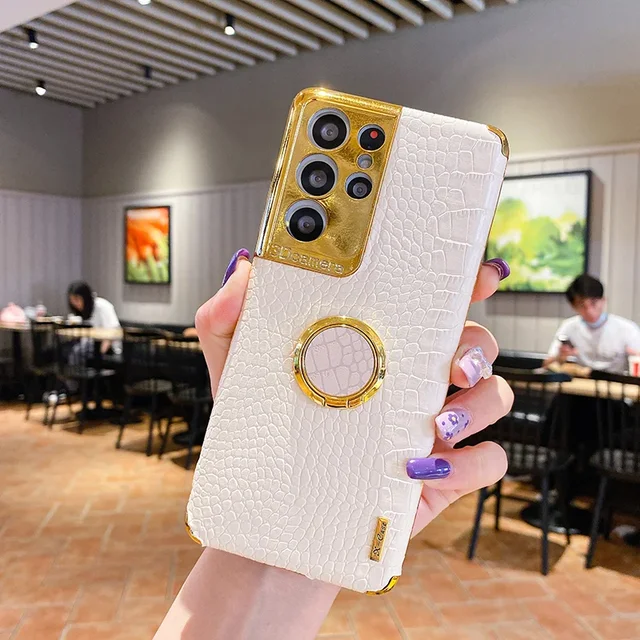 Plating Crocodile Texture Phone Case For Samsung Galaxy S24 S23 S22 S21 FE Plus Ultra Note20 S10 Lite Magnetic Finger_voghion.com