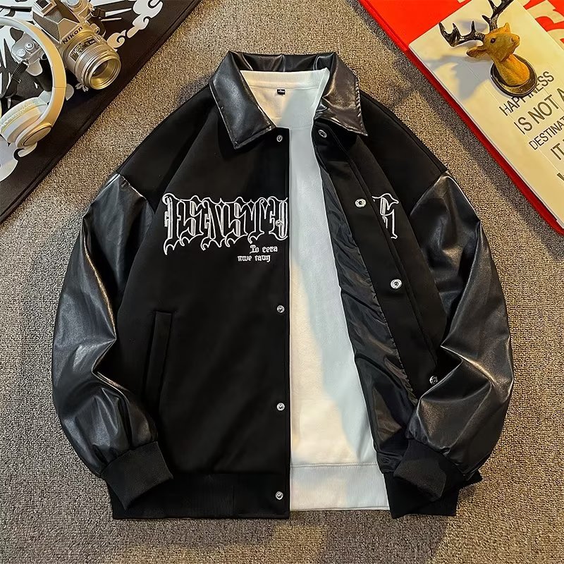 Men's Clothing street style PU leather sleeve baseball jacket men's hip hop embroidery design tops couple jackets women