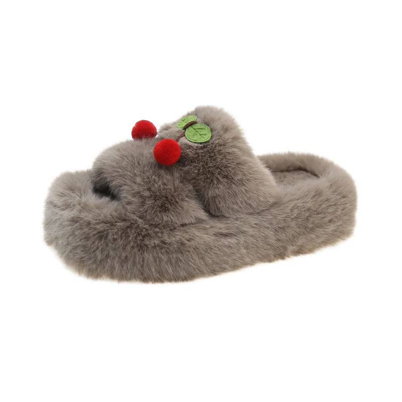 Papuci drăguți de designer cu imprimeu de cireșe pentru femei, fete, doamne, toamnă și iarnă, calde, cu blană, pufoase, de pluș, pentru femei_voghion.com