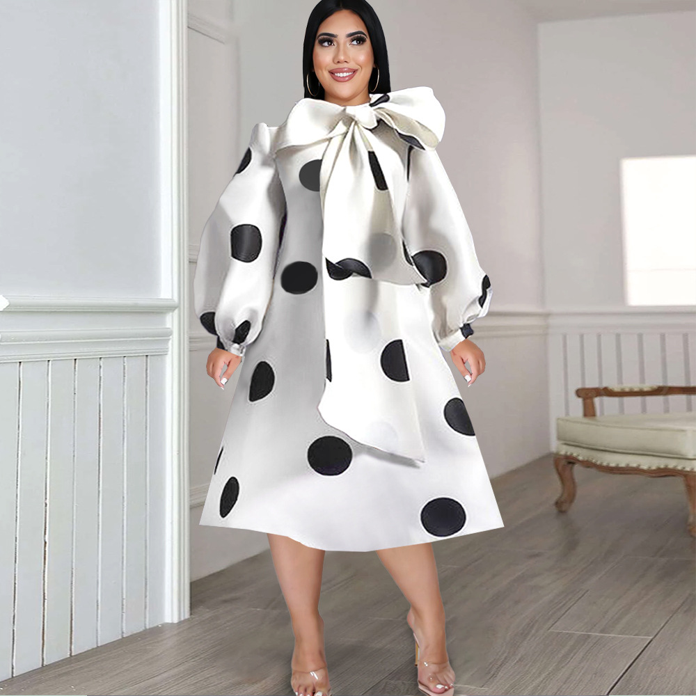 Lockeres Kleid mit Rundhalsausschnitt, Fliege und Punktemuster, Partykleid, weißes Kleid_voghion.com