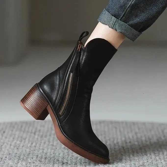 Womens high leather short round thick side zipper foot pedal boots 241022_voghion.com