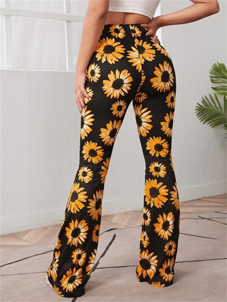 Neue Frühling und Herbst Atmungsaktive Sonnenblumen Blume Hohe Taille Hohe Elastische Casual Hosen_voghion.com