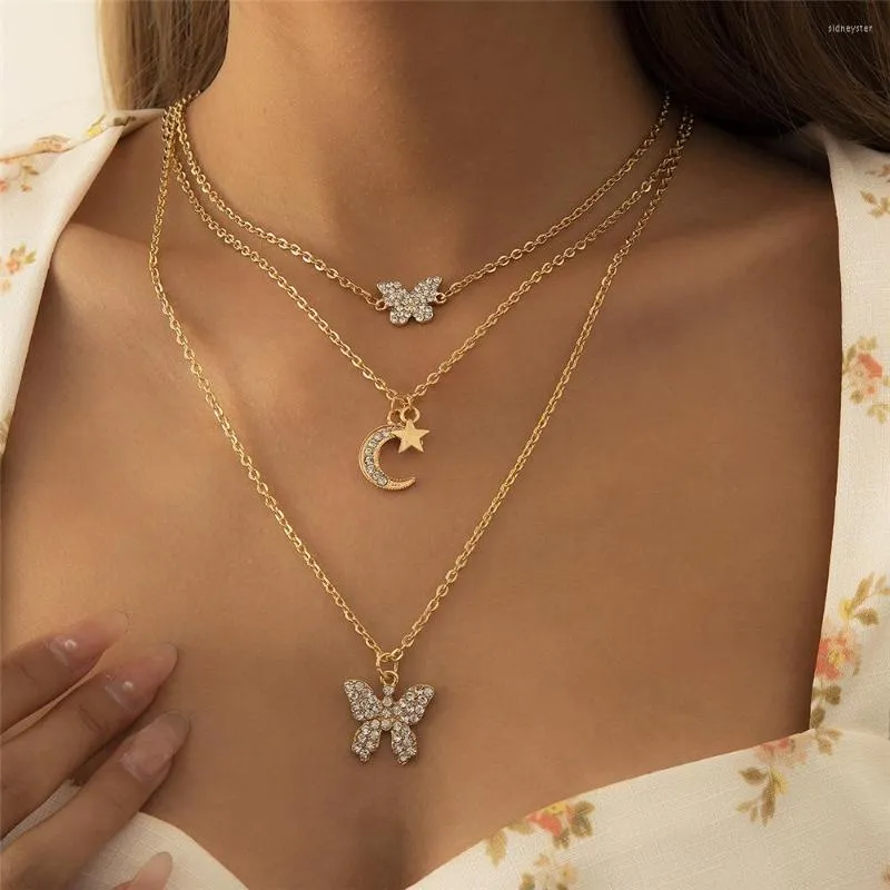 Colliers pendentifs mode bohème plaqué or argent couleur cristal papillon lune étoile collier pour femmes collier ras du cou multicouche_voghion.com