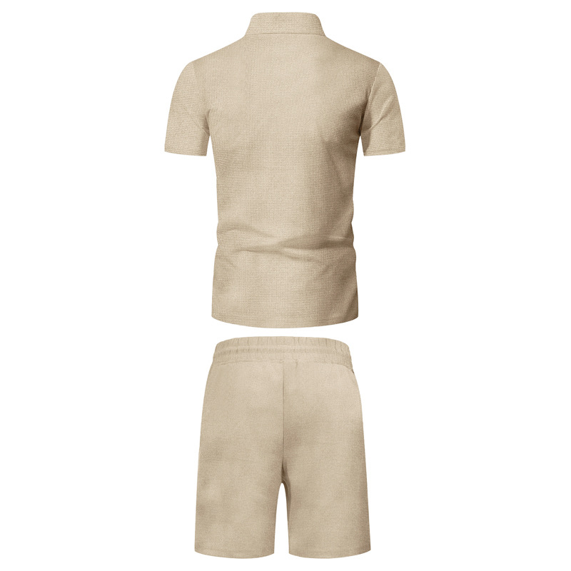 Men's Short Sleeve Shorts Casual Summer Waffle Solid Color Loose Fit Turn-down Collar T-shirt Set_voghion.com