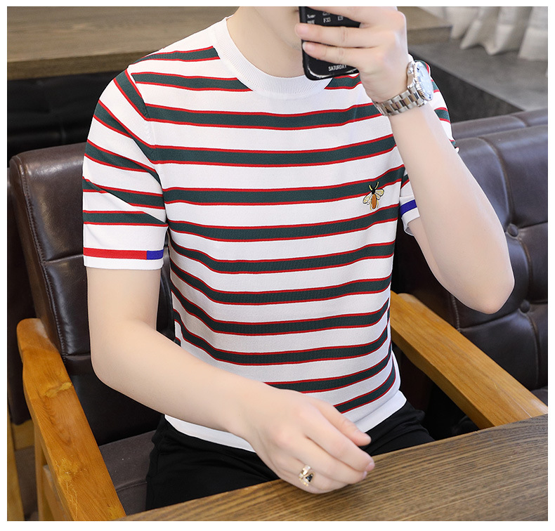 Maglietta da uomo a maniche corte in seta lavorata a maglia, estate 2024, nuova maglietta alla moda, girocollo, casual, a righe, ricamata, all'ingrosso_voghion.com