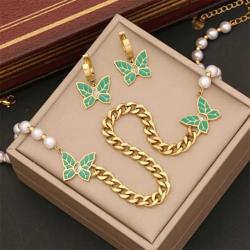 Set gioielli farfalla perla acciaio inossidabile zircone_voghion.com