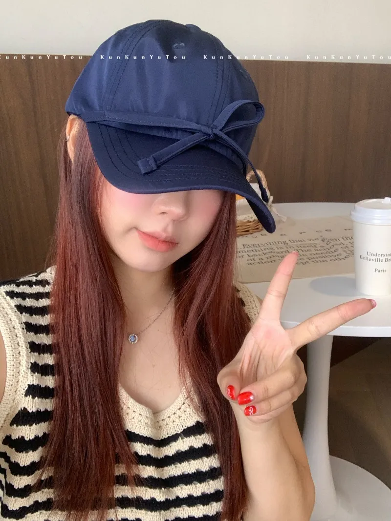 Cappellini da baseball coreani di nicchia con cinturini dolci, fiocco, morbido, tinta unita, da donna, versatili, con testa grande, regolabili_voghion.com