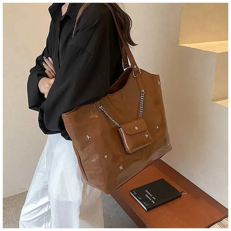 Sacs à bandoulière en cuir PU solide pour femmes, sacs de loisirs de grande capacité pour les déplacements féminins, sacs sous les bras avec étoiles et appliques, poignée_voghion.com