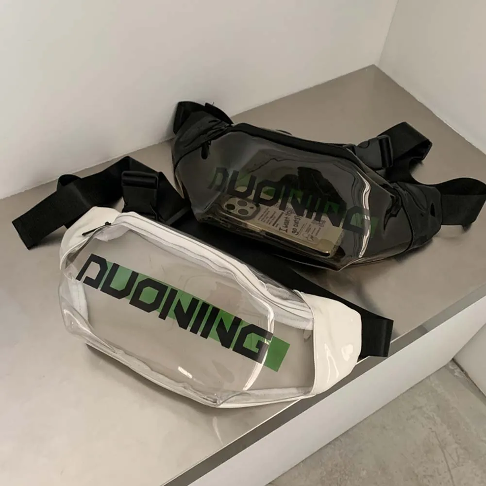 Fashion Fanny Packs Unisex Clear PVC Waist Pouch Multi-functional Letter Printed With Pendant Adjustable Buckle Strap_voghion.com