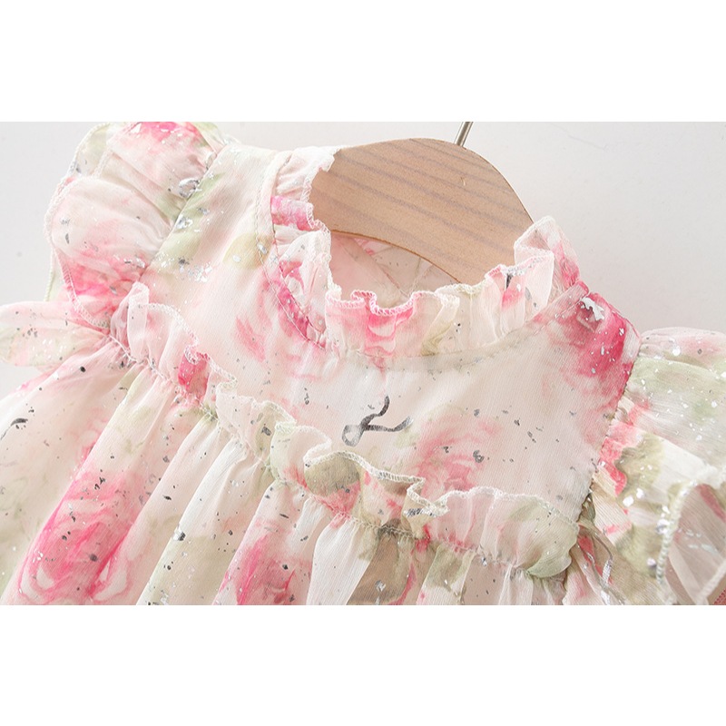 Baby Yellow Dress Baby Girl Rose Flower Printed Chiffon Princess Dress Send Beach Hat_voghion.com