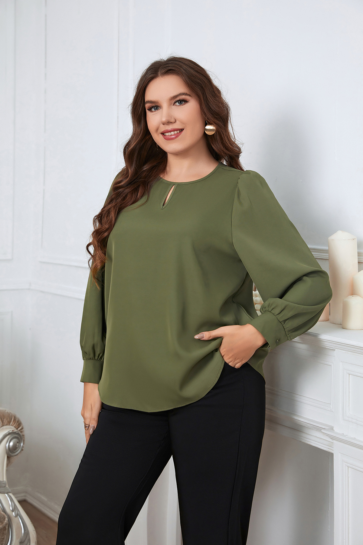 spring round neck long sleeve green large size women's shirt_voghion.com
