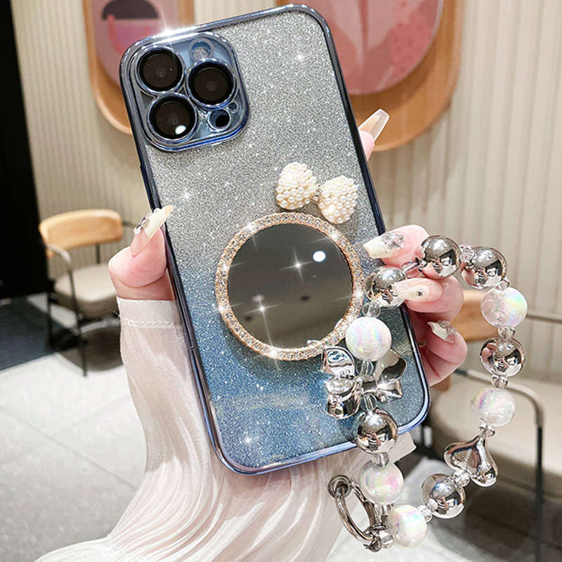 Bow Heart Bracelet Mirror Case For iPhone 15 13 11 12 Pro Max 14 Plus Glitter Flash Gradient Plating Cover_voghion.com