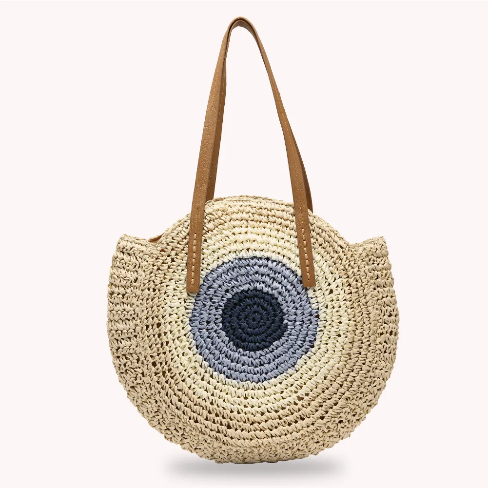 Borsa a tracolla rotonda estiva da donna in rattan intrecciato, in paglia, fatta a mano, da spiaggia, per la spesa, con manico superiore_voghion.com
