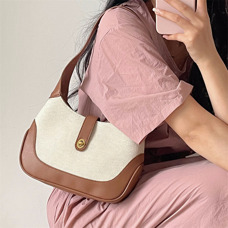 Sac à main en toile pour femmes, épissure unique, tendance française, sac à bandoulière et sous les bras, couleur contrastée, nouvelle collection été 2024_voghion.com