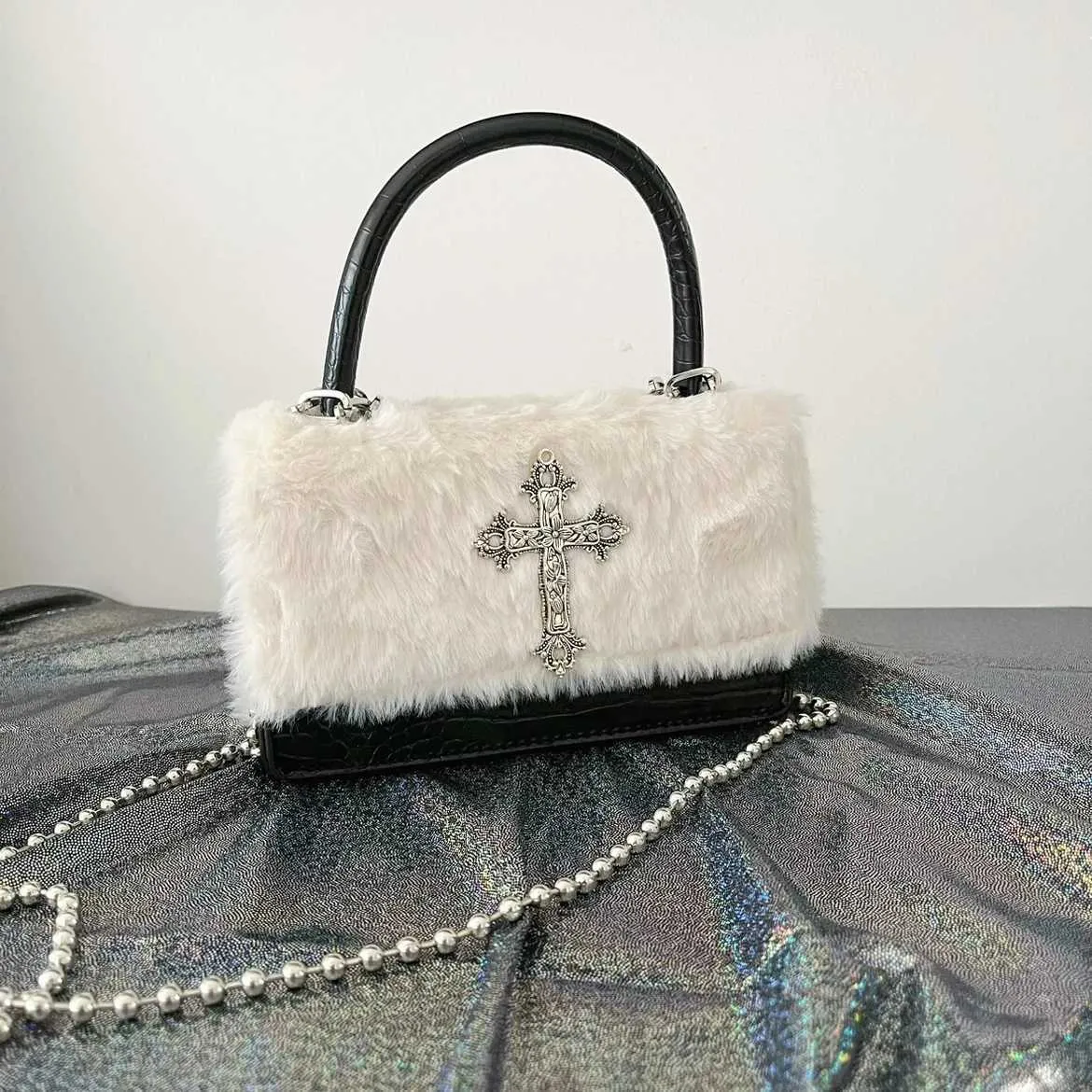 Quick view list Y2k Gothic Handbag for Women Soft Plush Cross Applique Chain Shoulder Hot Girls Hip Hop American Style_voghion.com