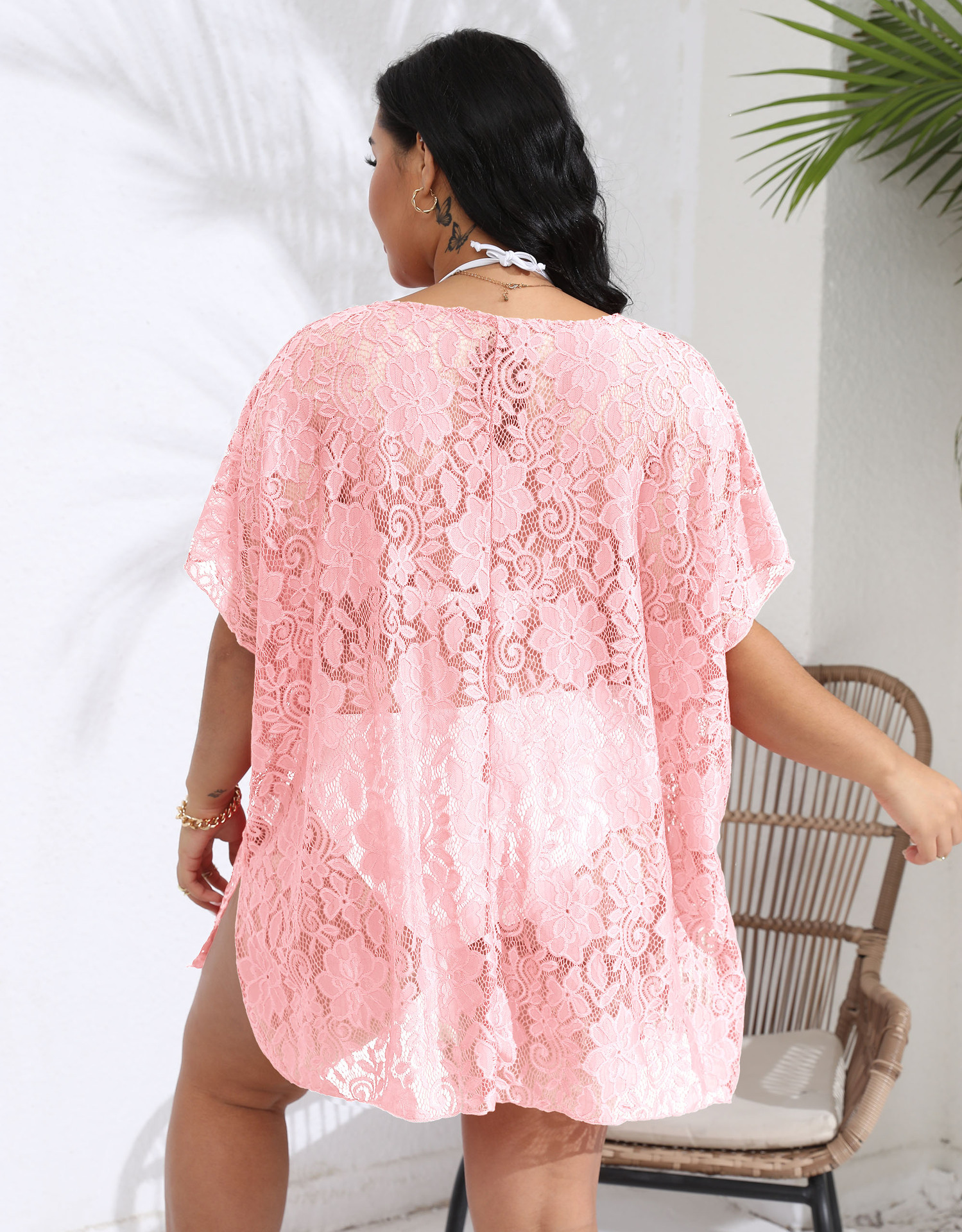 Plus größe frauen kleidung sexy spitze hohl sehen-durch V-ausschnitt split strand kleid bluse_voghion.com