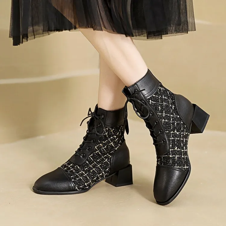 Stivali da donna alla moda con tacco alto, allacciati sul retro, con cerniera, a quadri con mille uccelli, spessi e quadrati, versatili_voghion.com