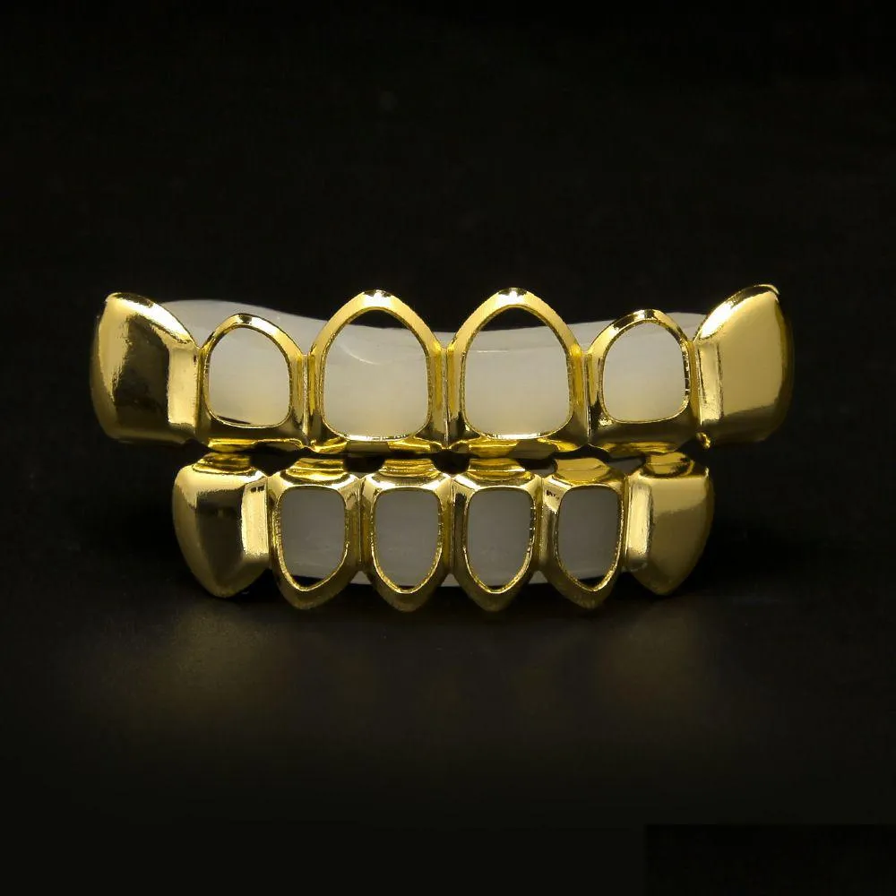Grillz, Dental Grills New Real Gold Plated Iced Out Hiphop Hollow Teeth Grillz Top Grill Halloween Christmas Party Gift_voghion.com