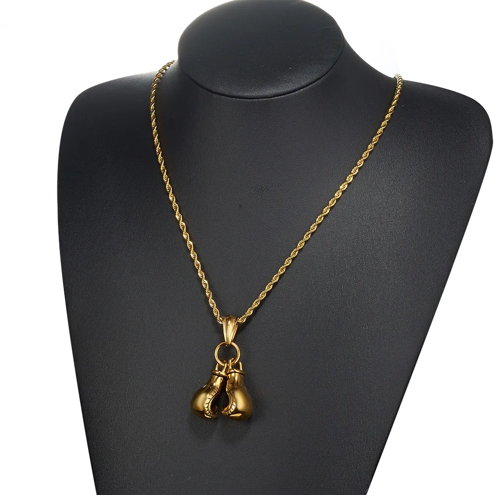 Colliers pendentifs Collier pour homme 23 15 mm Chaînes en acier inoxydable couleur or Paire de breloques de gant de boxe Sport tendance Fiess_voghion.com