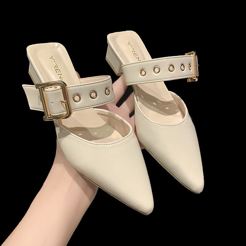 Half-Pack Women's Outdoor Pointed Toe Studded Chunky Heel Mules Closed-Toe Sandals Simple Fashion Single Shoes_voghion.com