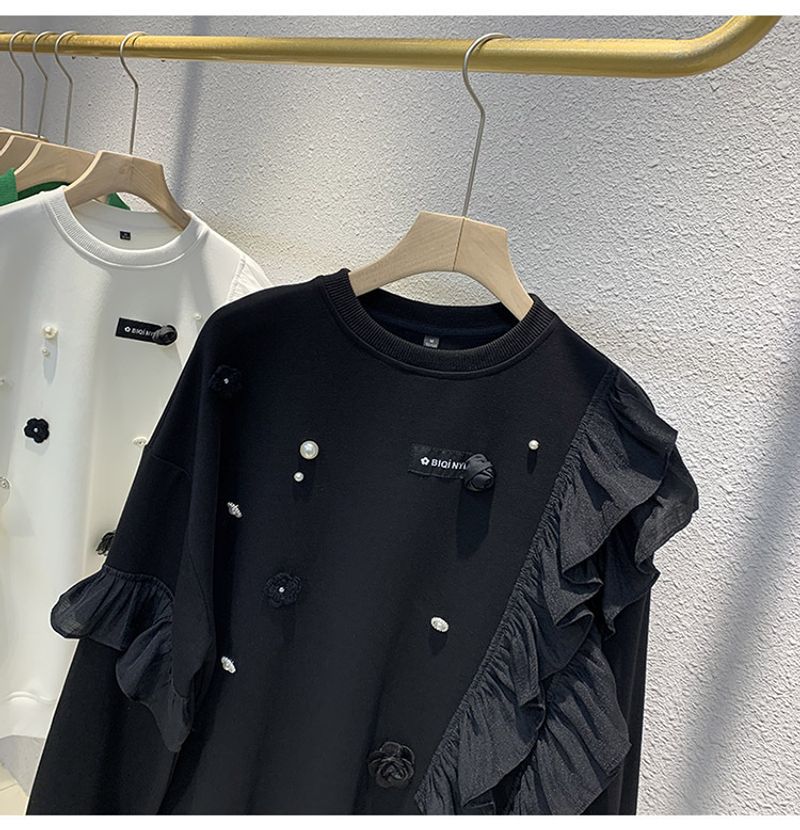 Maglione sottile con arricciature e cuciture da donna, autunno, nuovo, pesante, perla, nicchia, top largo_voghion.com