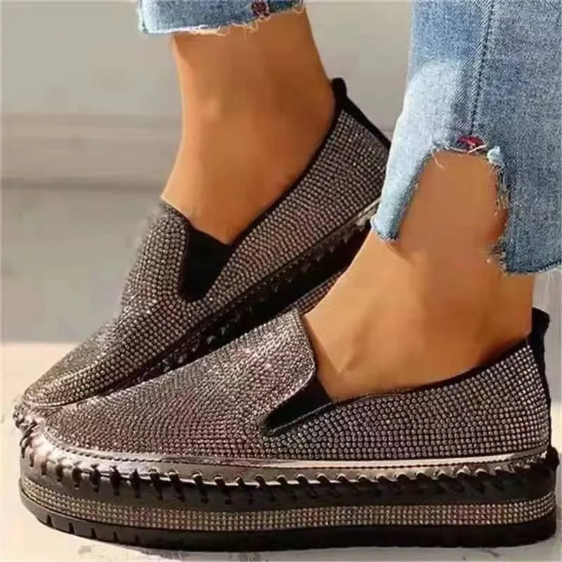 Ladies Flat Sequined Sneakers Casual Women's Mesh Lace-up Fine Dia Sequins Thick-soled Comfortable Vulcanized Shoes_voghion.com