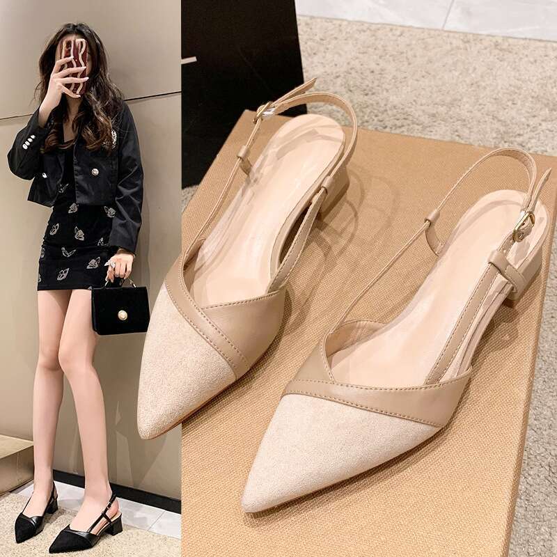 New Pointed Toe Nude Color High Heels, Not Tired Feet Summer Women's Chunky Heel Shoes_voghion.com