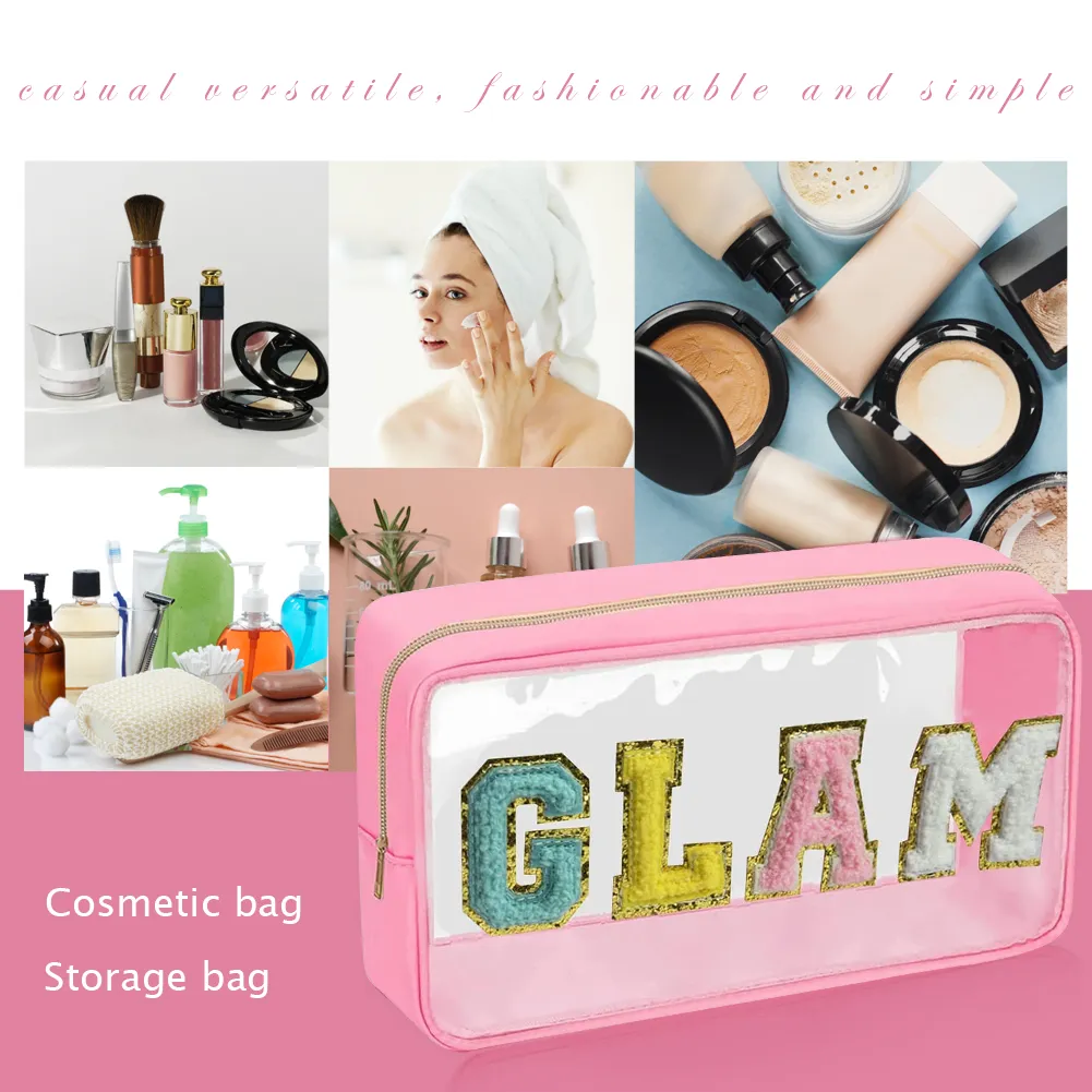 Mode Kosmetiktasche Große Kapazität Casual Organizer Clutch Taschen Transparent Bestickte Buchstaben Patches Tragbar Für_voghion.com