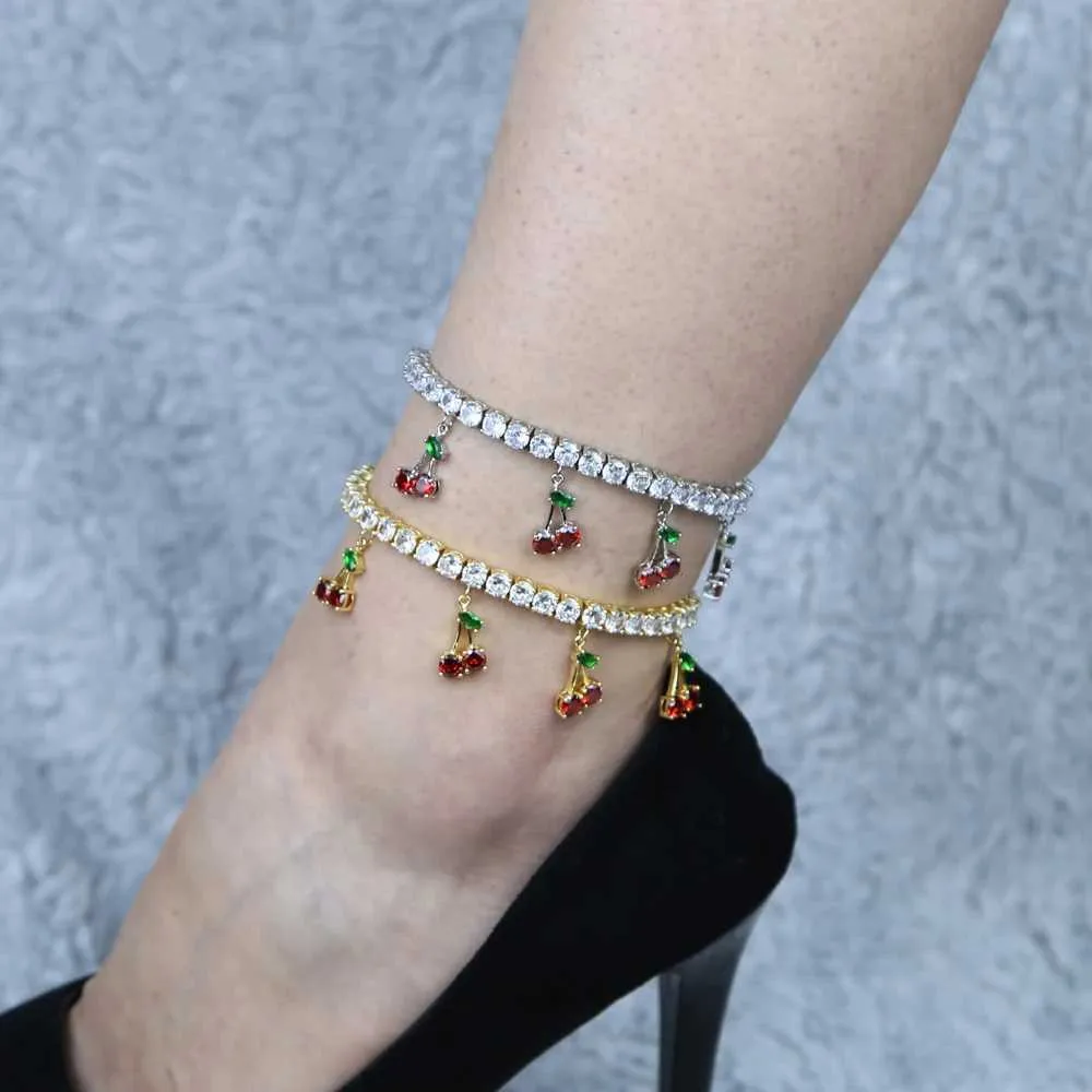 Fußkettchen Sommer Strand Eis funkelnd 5A Zirkonia Tennis süße Frucht Kirsche Halskette geeignet für Mädchen CZ Beinkette_voghion.com