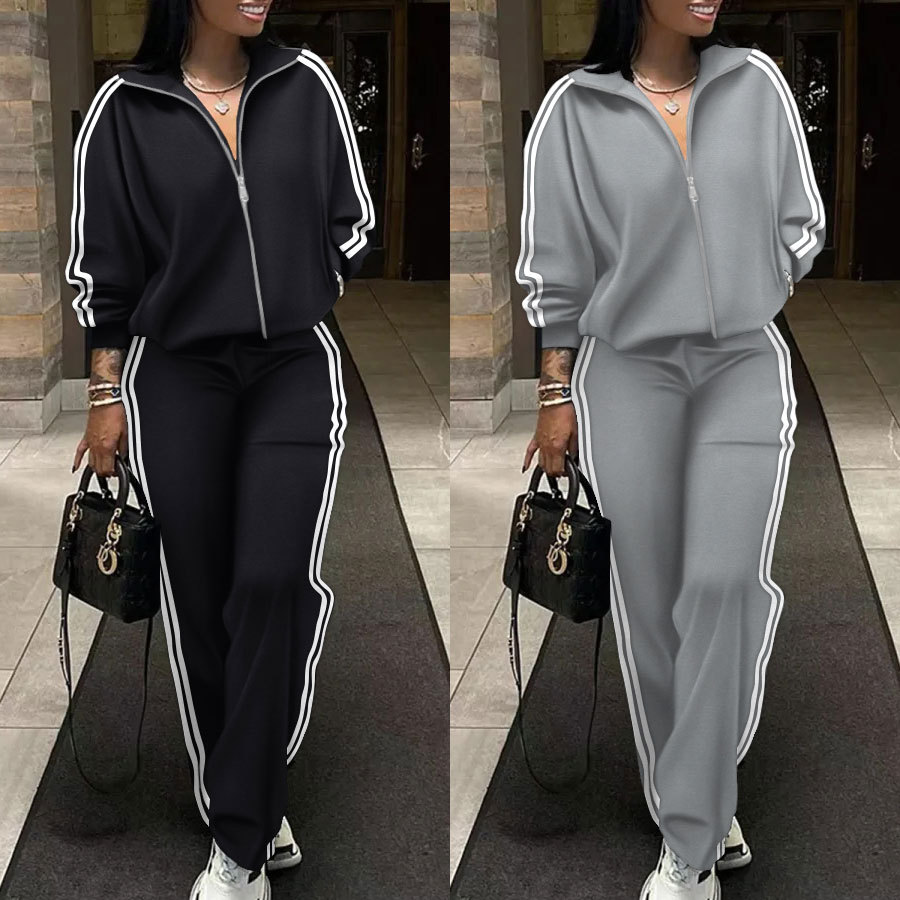 Ensemble deux pièces pour femme, pull rayé à revers, fermeture éclair, épaules tombantes, pantalon